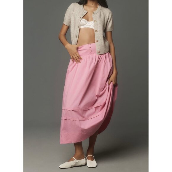 Maeve Anthropologie Button-Waist Midi Skirt Size L Pink Rose - Picture 3 of 7